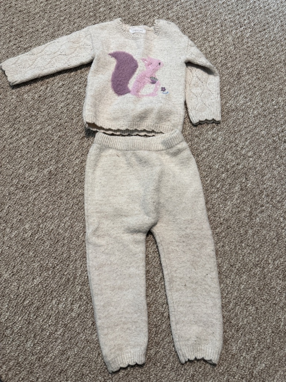Cream Knit Two-Piece Set with Pink & Purple Squirrel